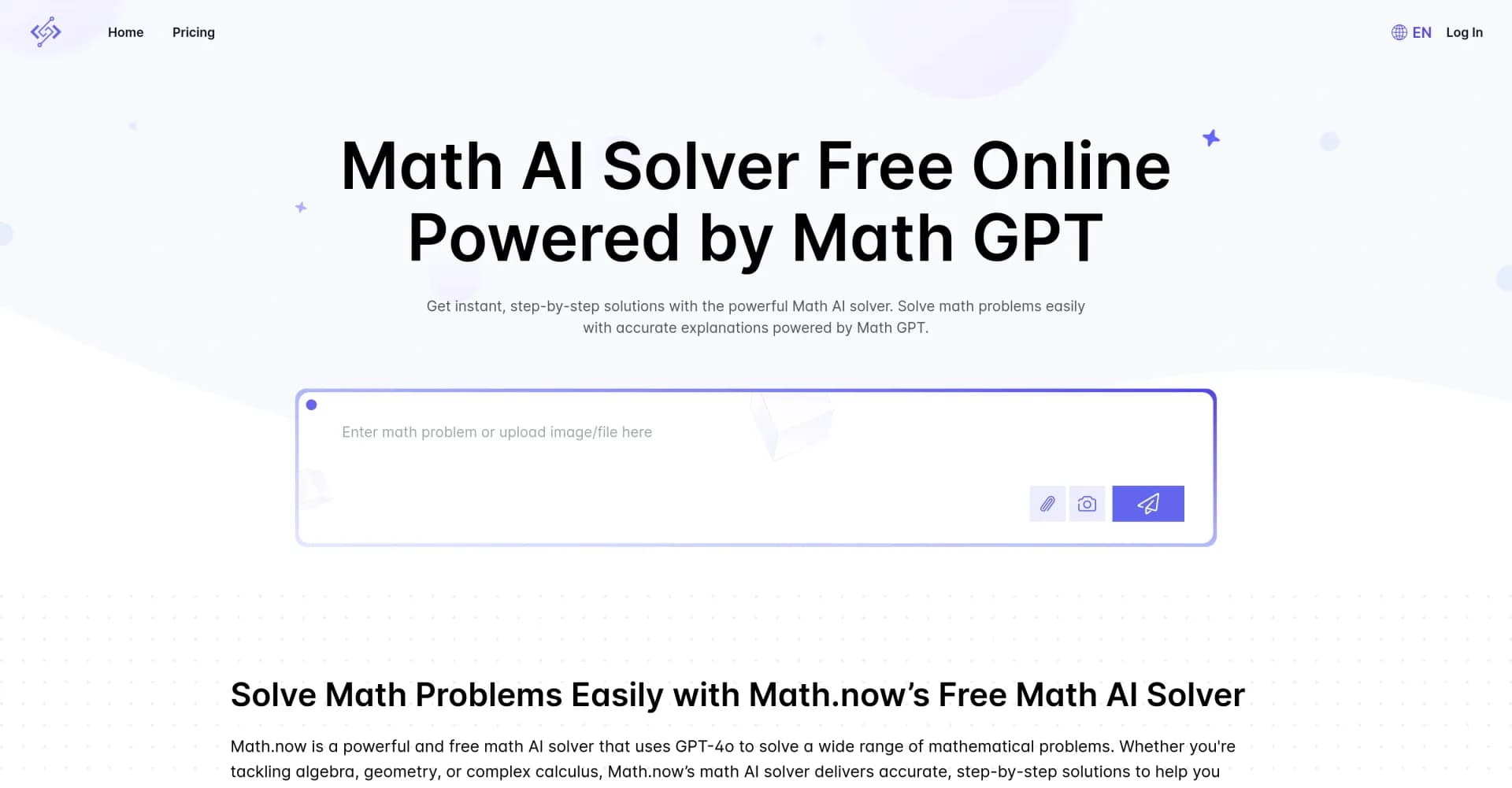 Math.now homepage screenshot — Solve math problems instantly with AI-powered solutions.