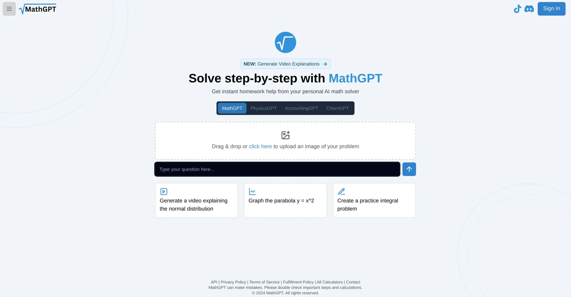 MathGPT homepage screenshot — Instant AI math solver for any homework problem.