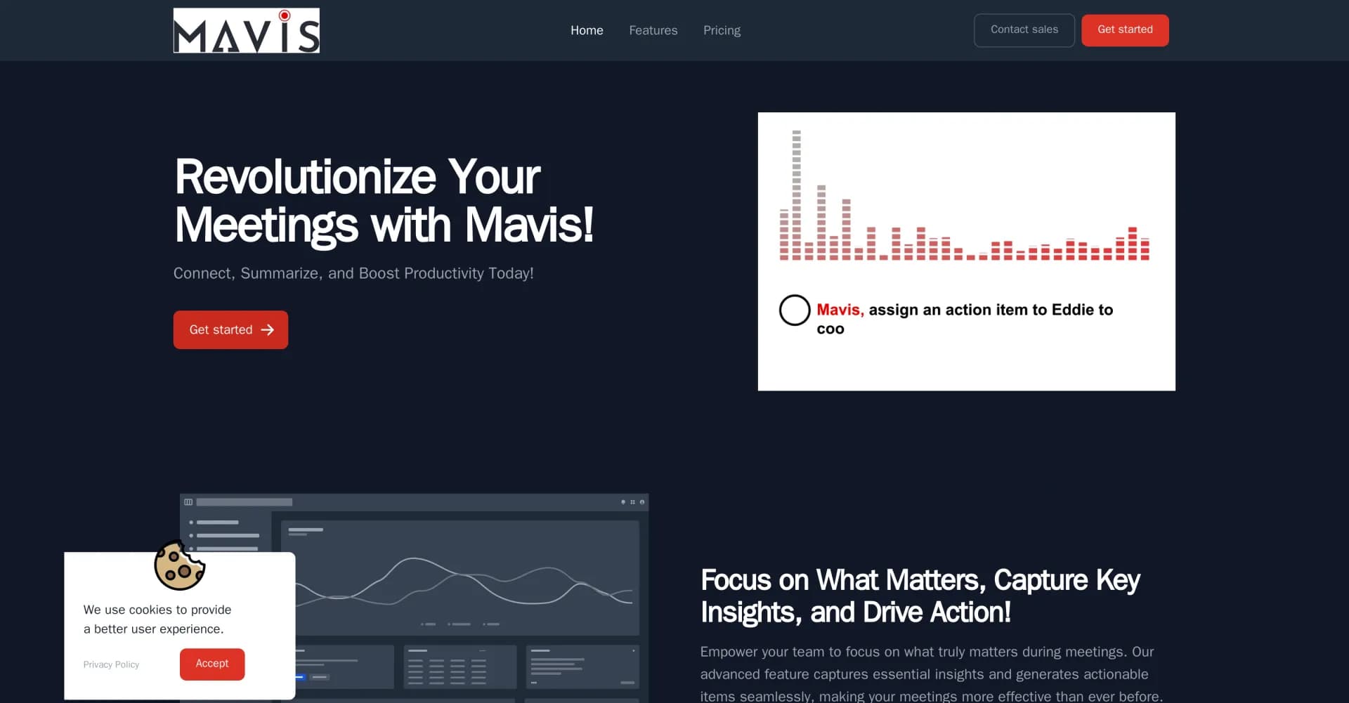 Mavis homepage screenshot — Revolutionize meetings: Connect, summarize, boost productivi