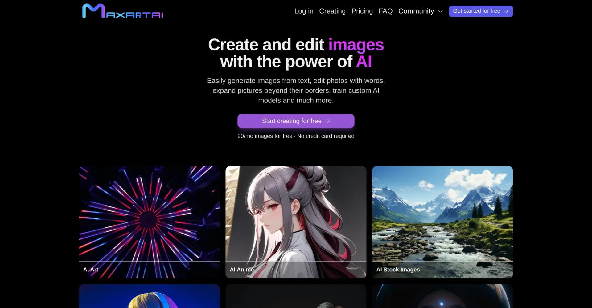 MaxartAI homepage screenshot — Create and edit images with AI