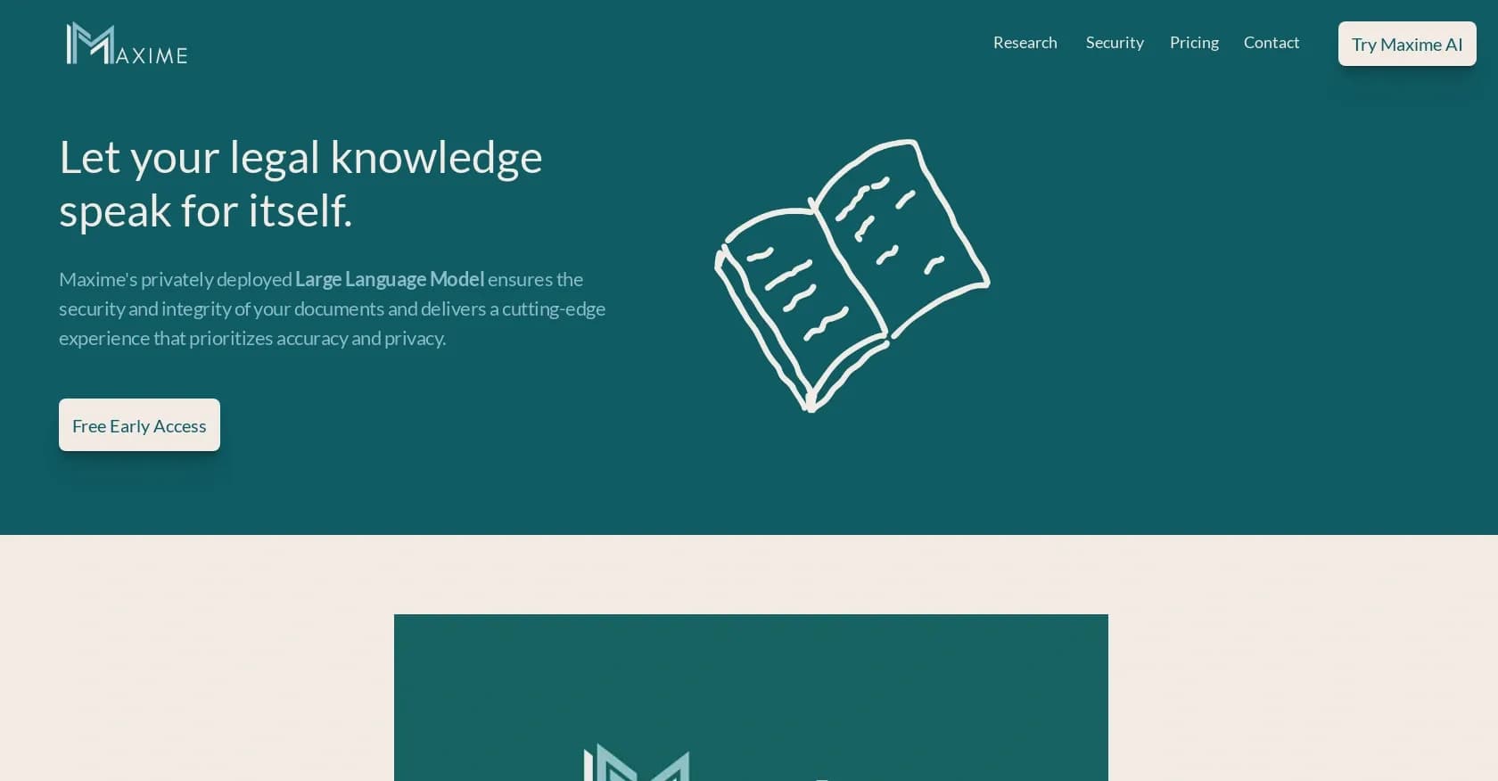 Maxime homepage screenshot — AI copilot for secure, actionable legal research