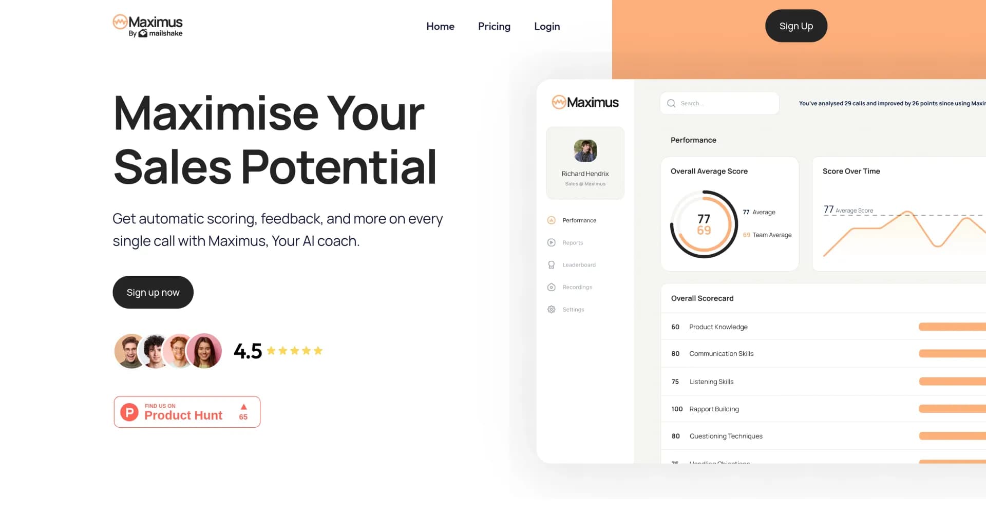 Maximus homepage screenshot — AI-powered sales coach for automatic call feedback.