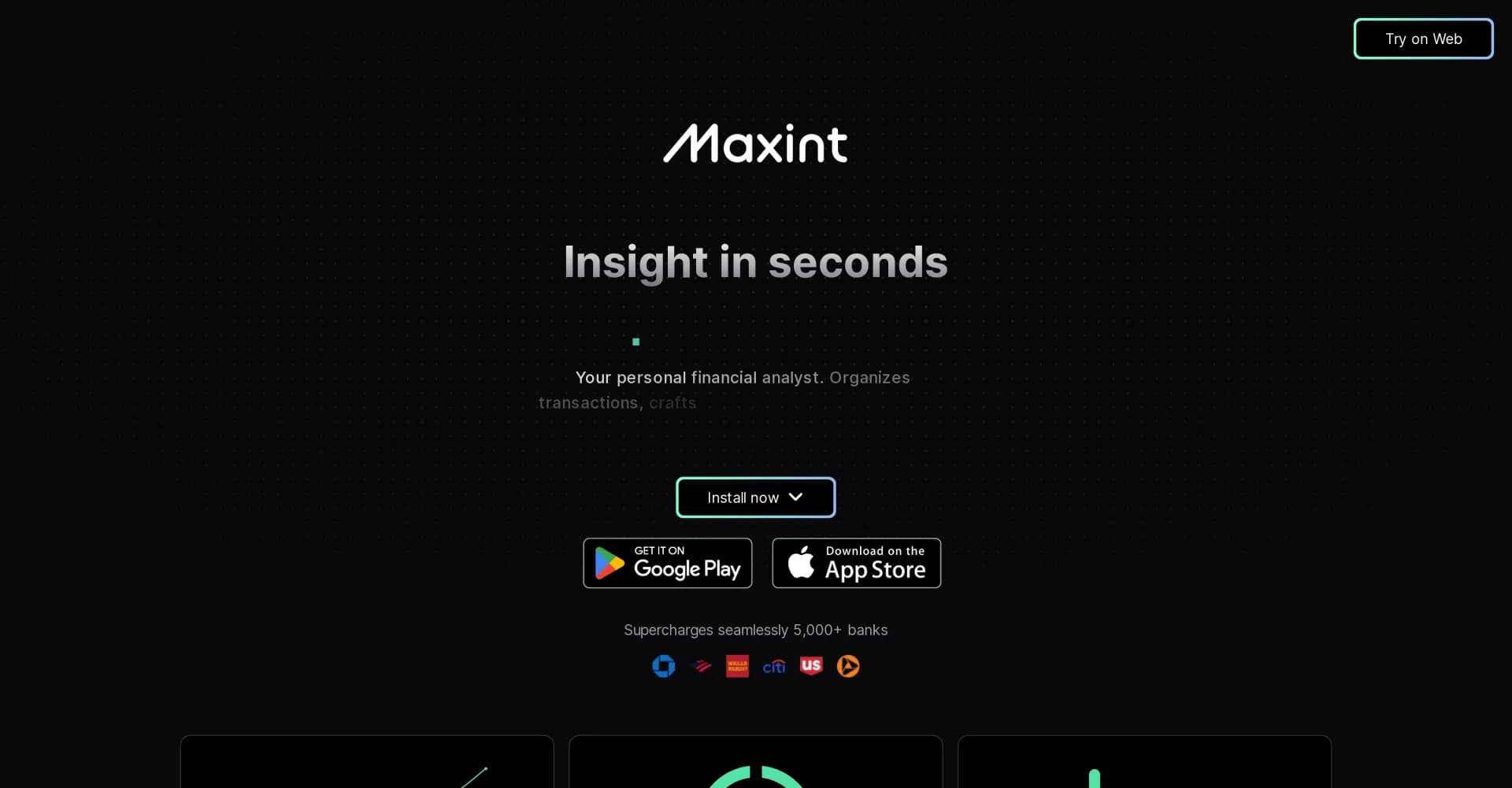 Maxint homepage screenshot — Your personal financial analyst in seconds.