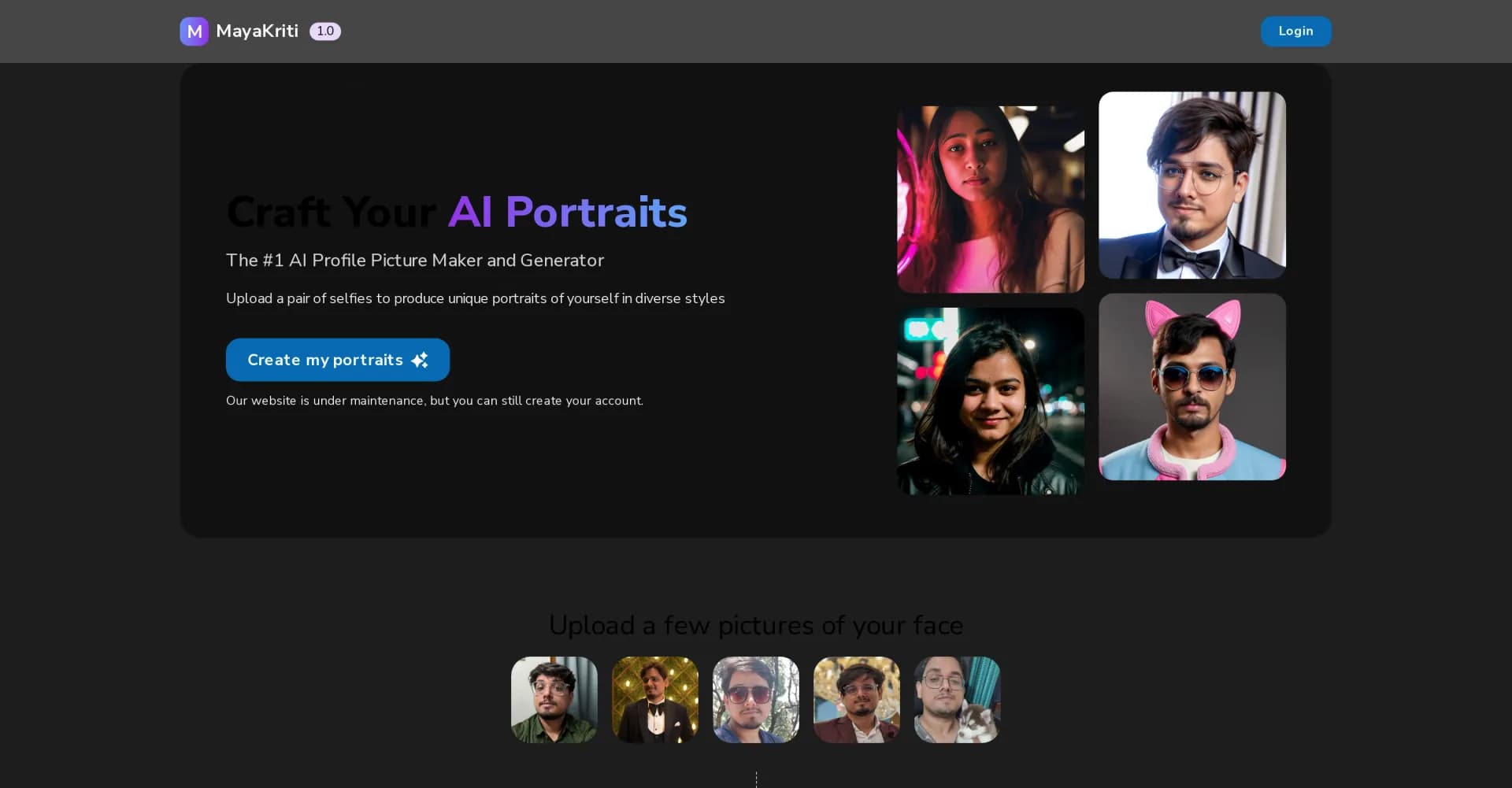 MayaKriti homepage screenshot — AI Creative Partner for stunning visuals