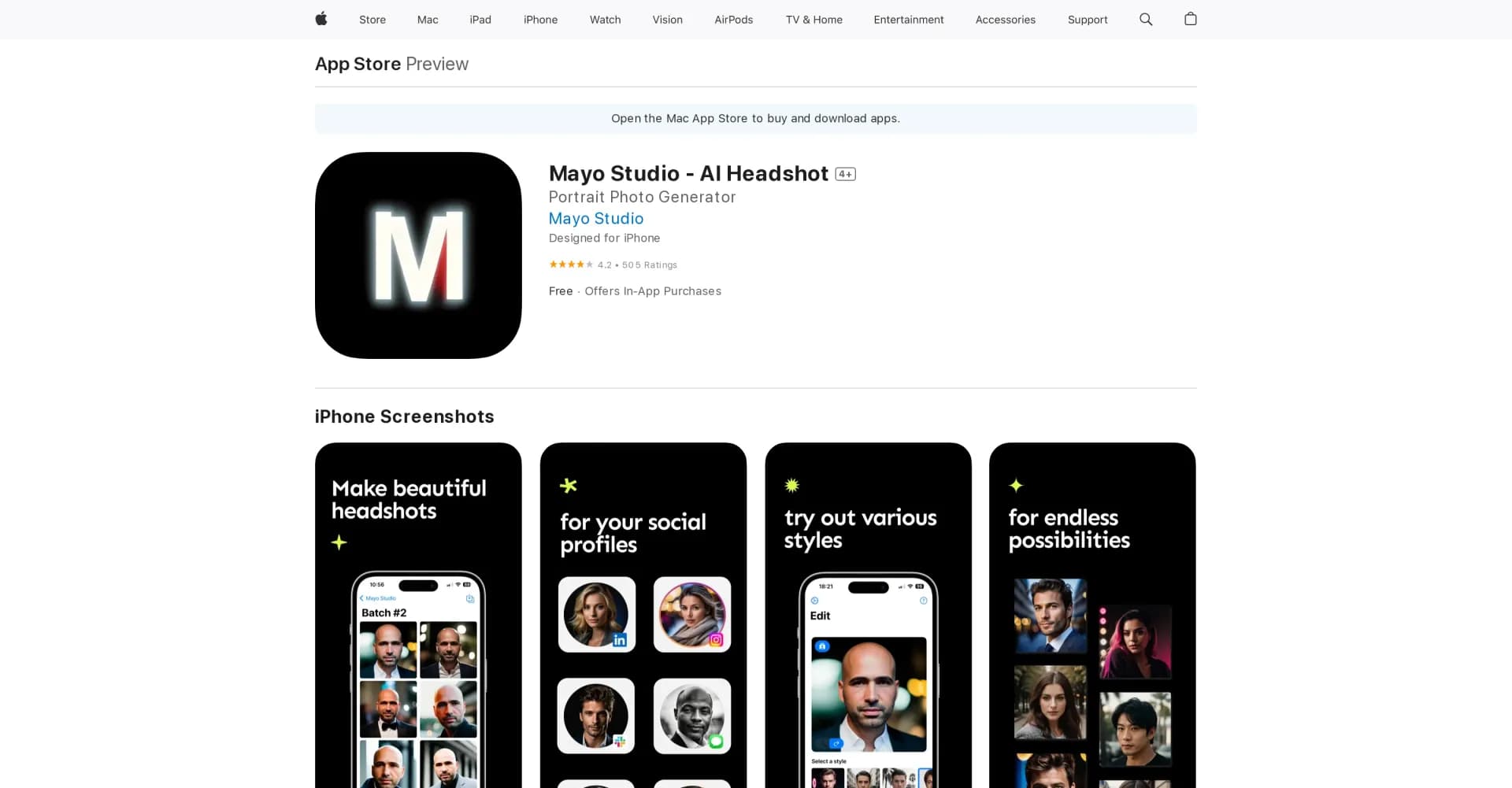 Mayo Studio homepage screenshot — Transform photos into AI-powered portraits.