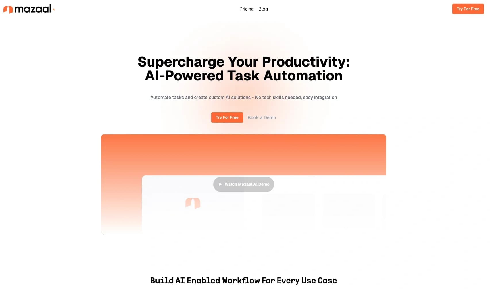 Mazaal AI homepage screenshot — Automate tasks and create custom AI solutions - No tech skil