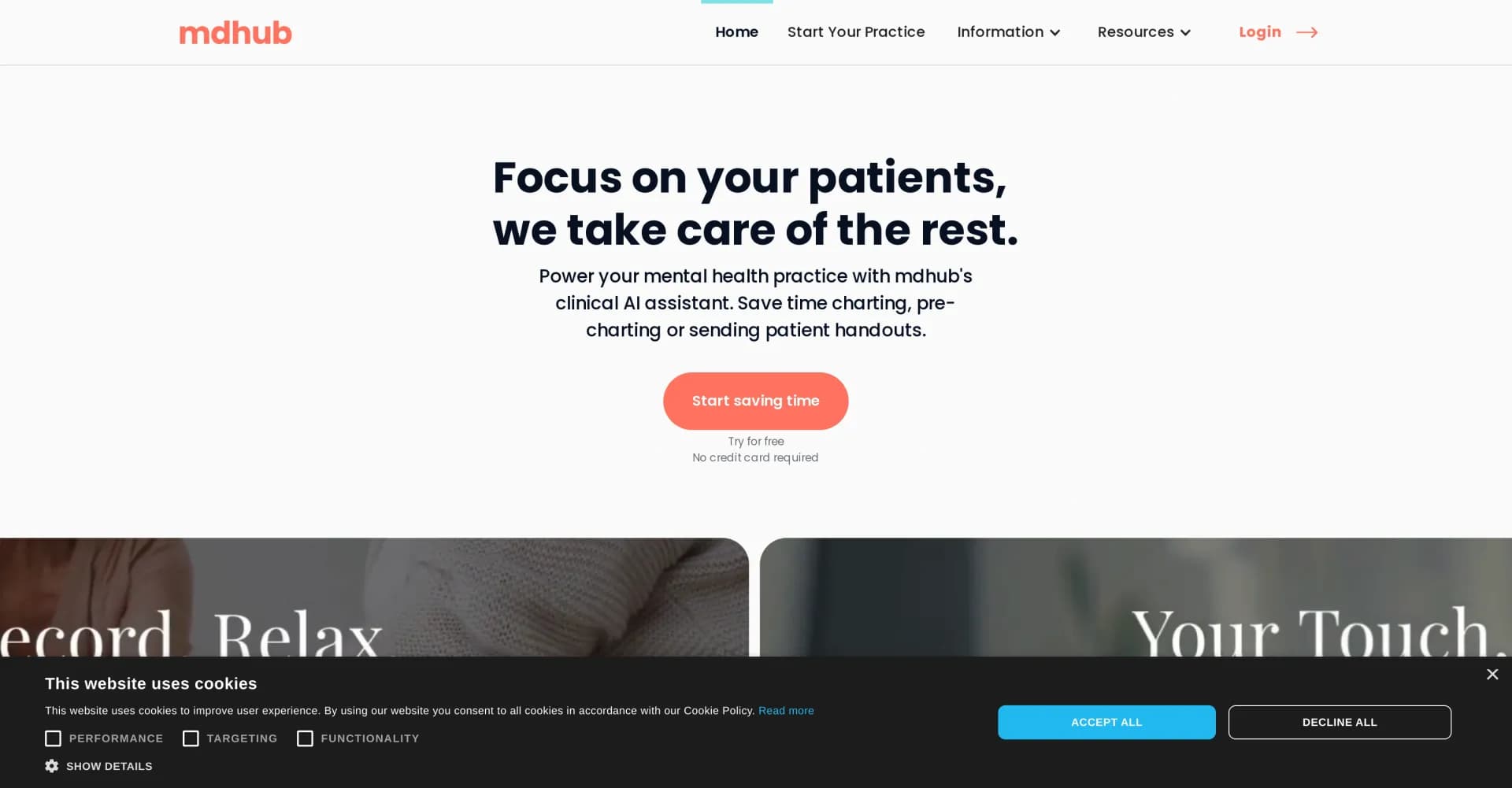 MDhub homepage screenshot — Power your mental health practice with AI assistance