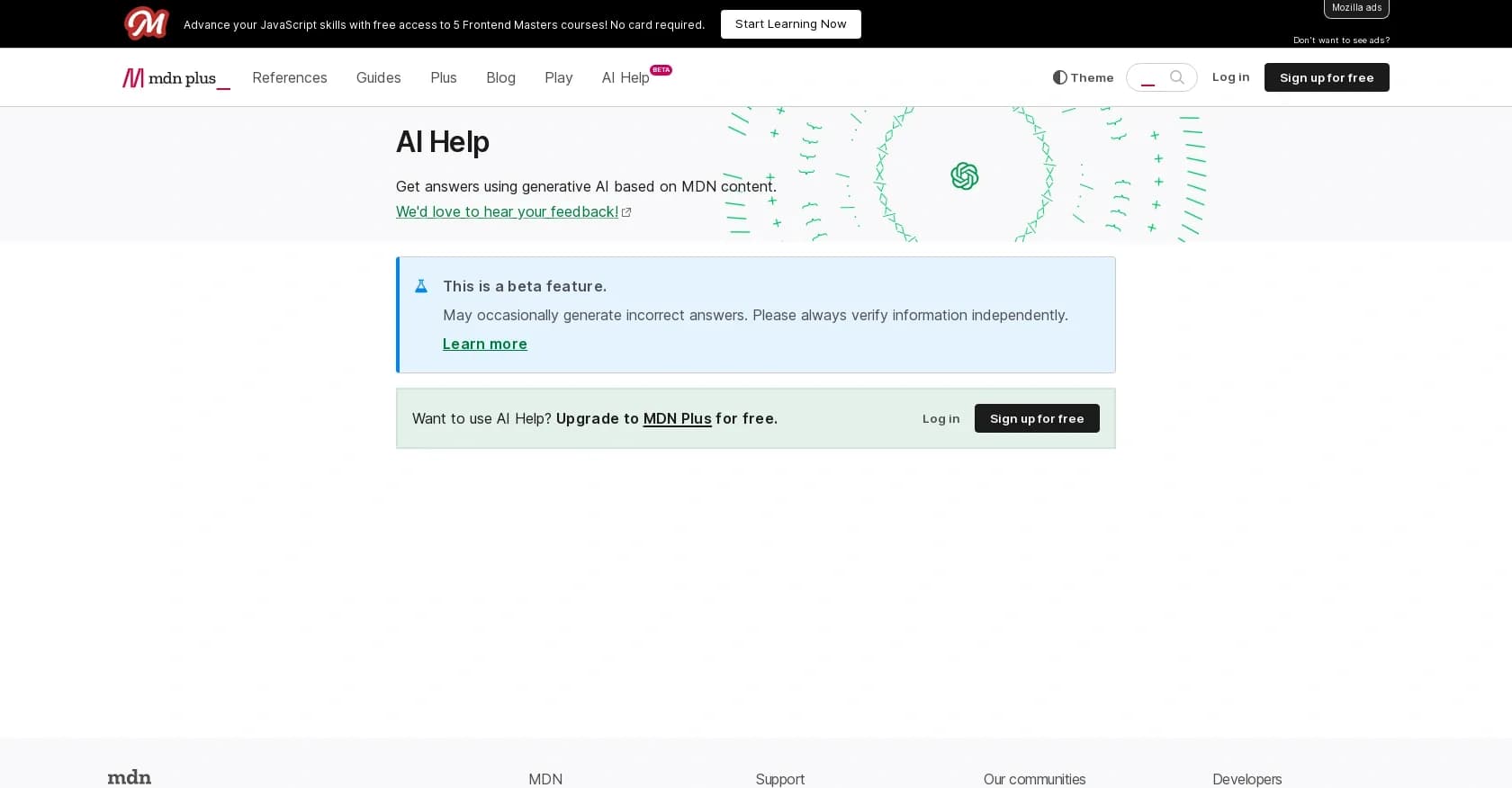 MDN Plus homepage screenshot — AI-powered web development documentation assistant