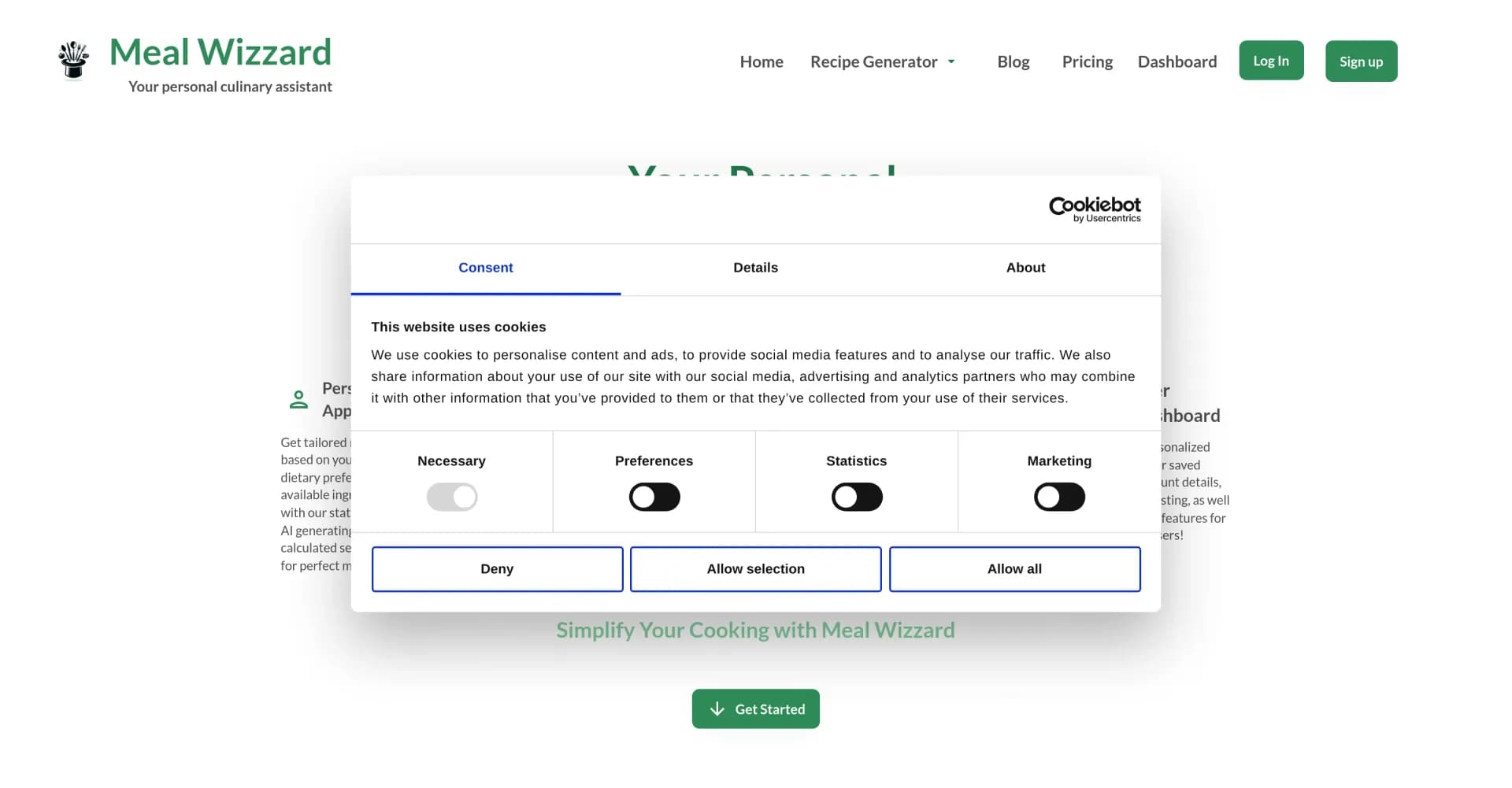 Meal Wizzard homepage screenshot — Generate quick recipes tailored to your tastes.