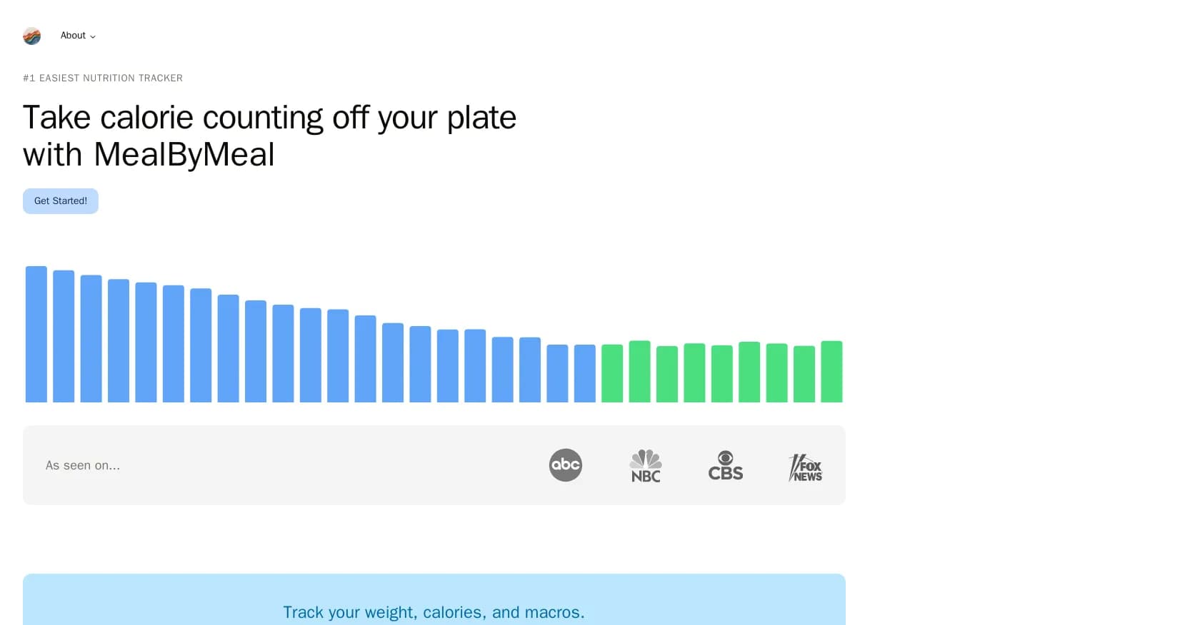 MealByMeal homepage screenshot — Easy calorie counting and meal tracking via messaging.