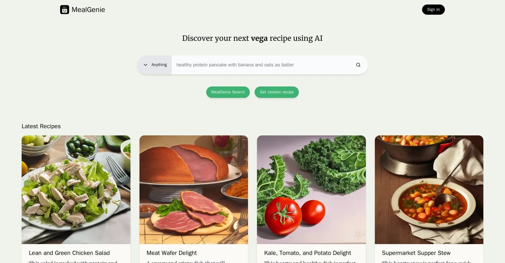 MealGenie homepage screenshot — Discover delicious recipes with AI assistance