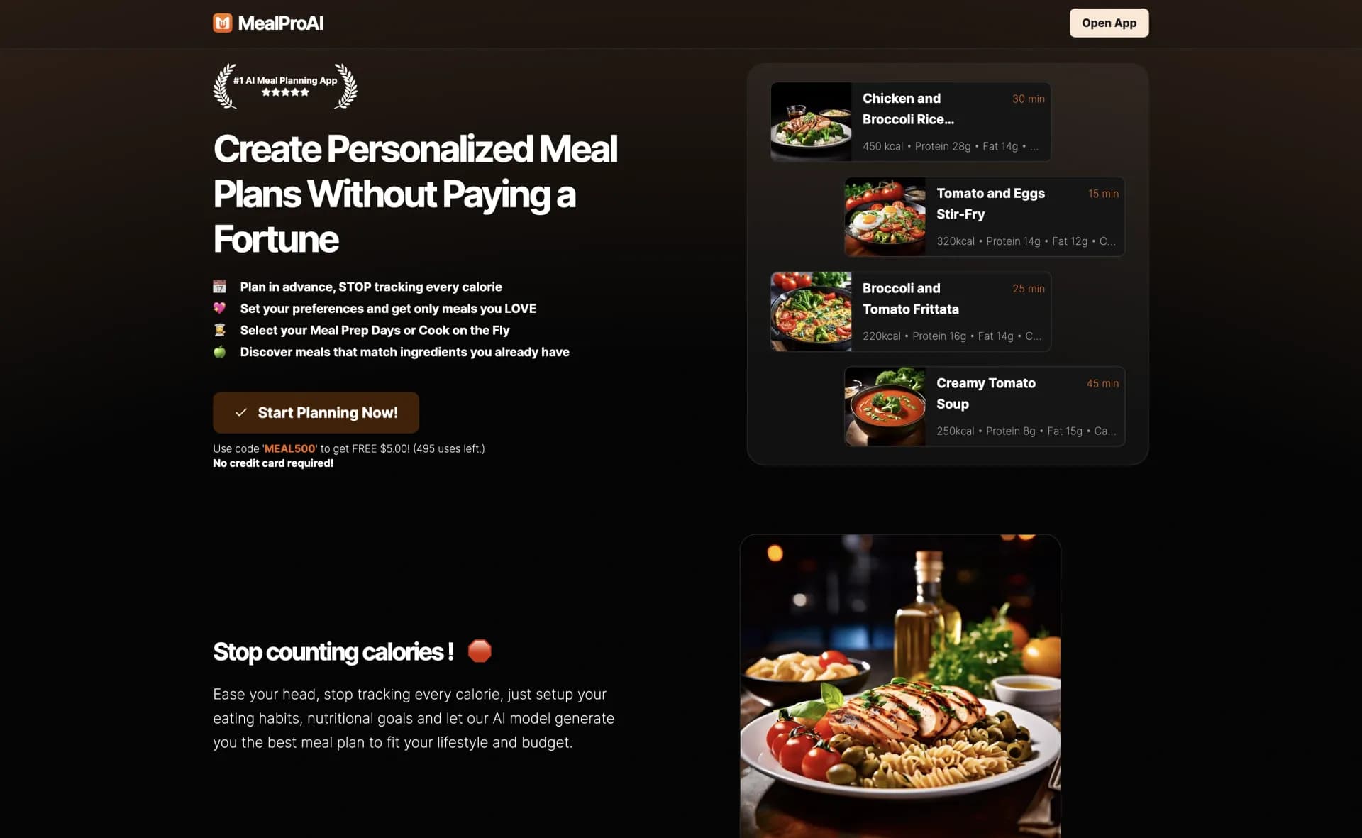 MealProAI homepage screenshot — Create personalized meal plans without paying a fortune.