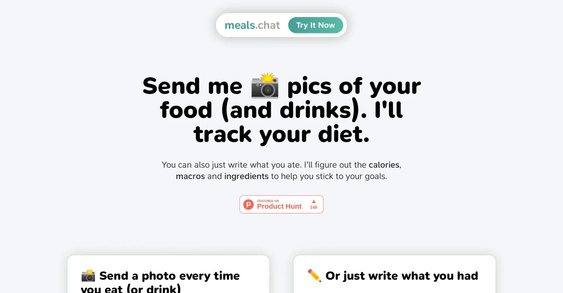 Meals.chat homepage screenshot — Track your diet with food pics on Telegram
