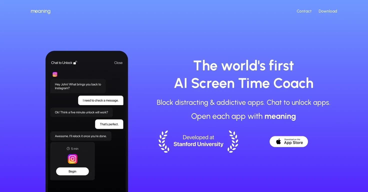 Meaning AI homepage screenshot — AI coach to reclaim your screen time