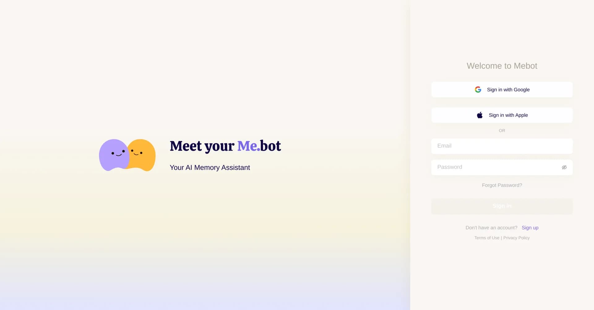 Mebot homepage screenshot — Your AI Memory Assistant