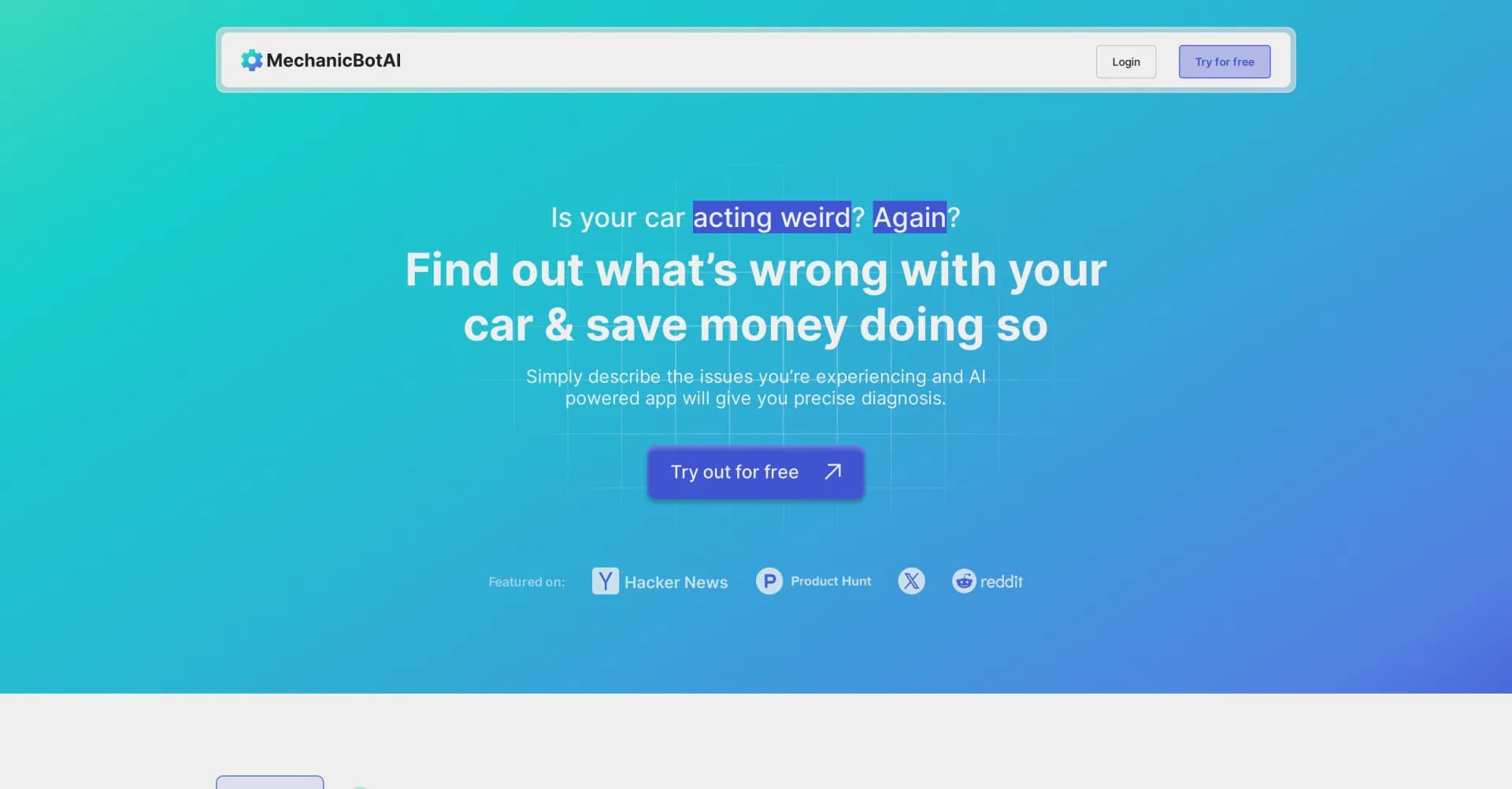 MechanicBotAI homepage screenshot — AI diagnoses your car issues in 30 seconds