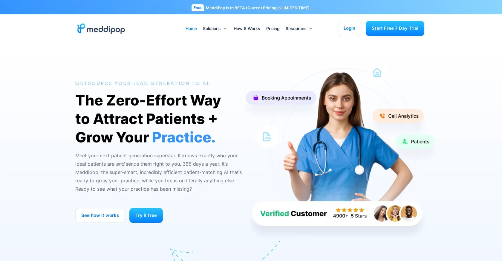 MeddiPop homepage screenshot — AI-powered patient routing for medical practices.