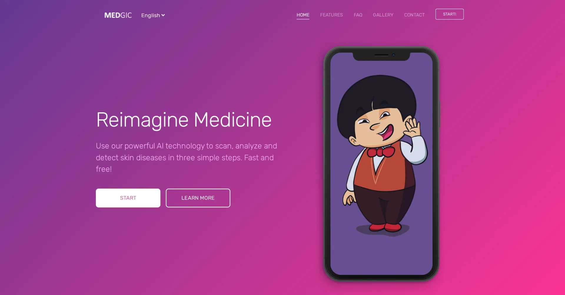 Medgic homepage screenshot — AI-powered skin disease detection in three steps.