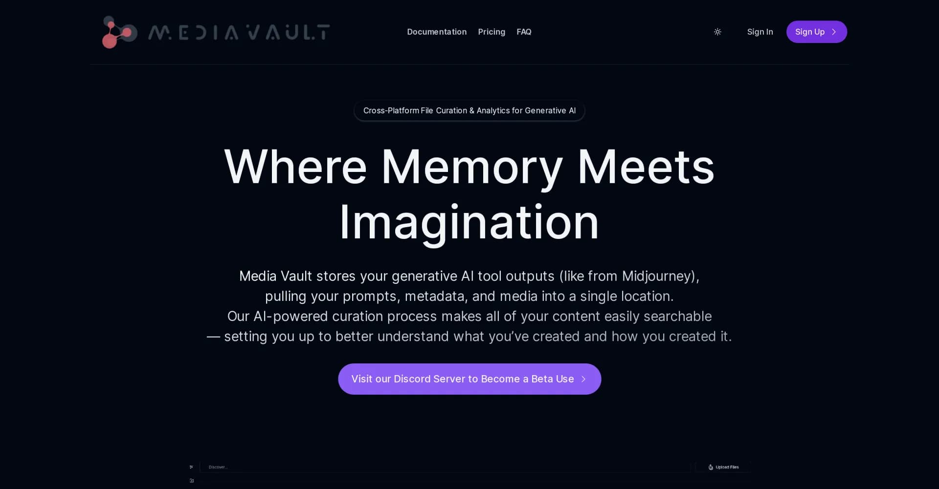 Media Vault AI homepage screenshot — AI-powered media curation and storage for generative content