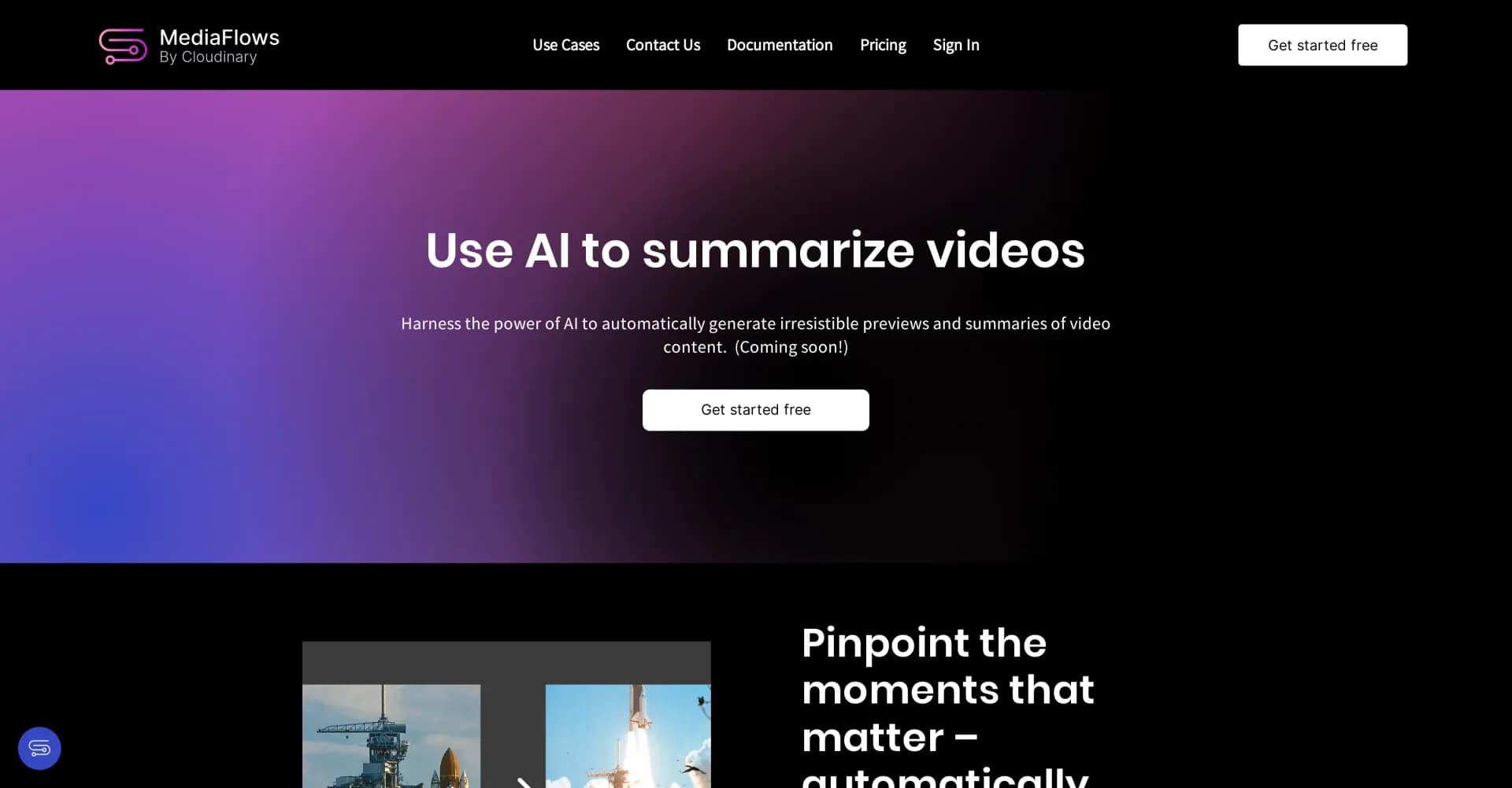 MediaFlows homepage screenshot — AI-powered video summarization for engaging previews