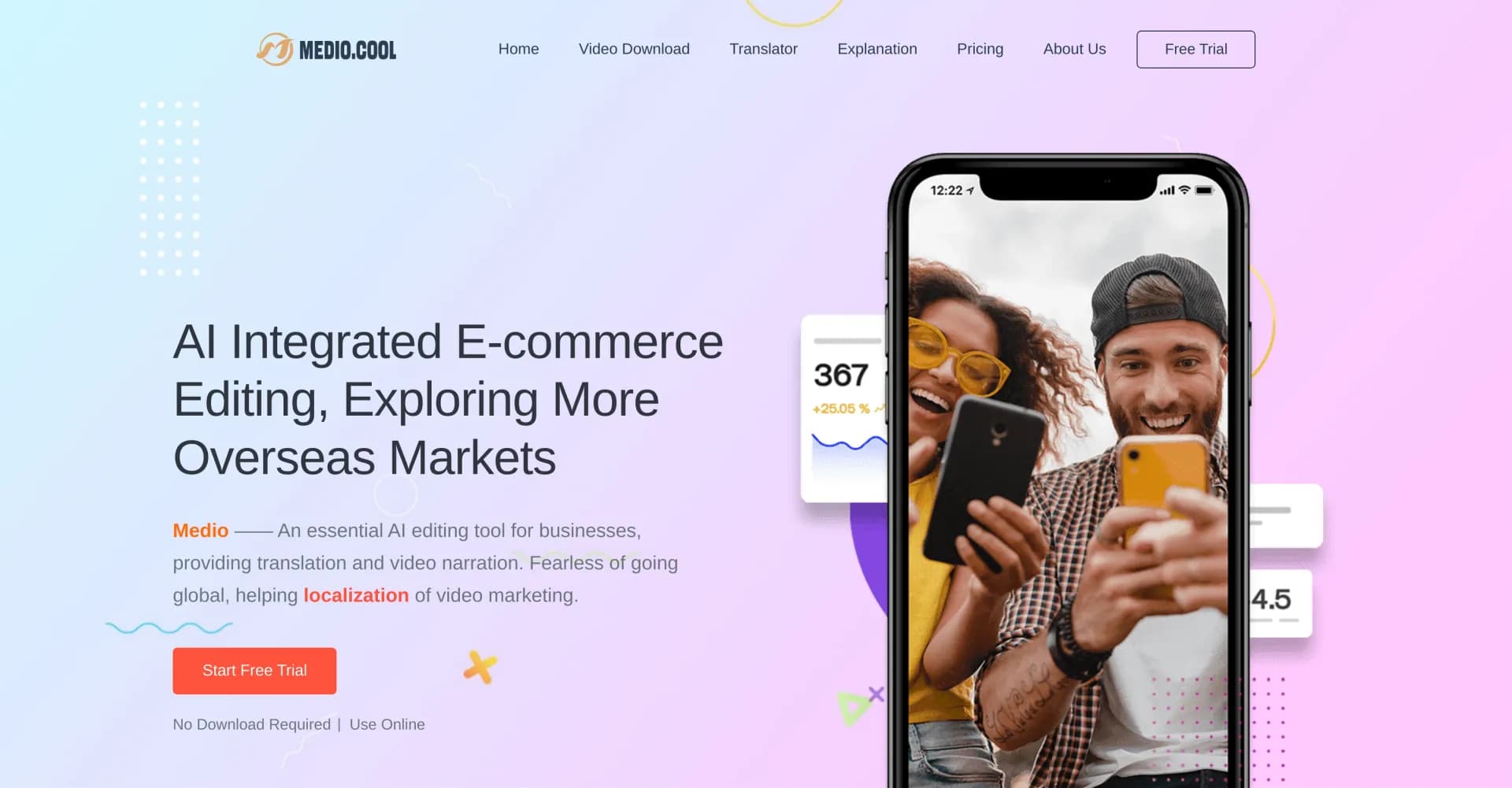 Medio AI homepage screenshot — AI-powered video editing for global marketing