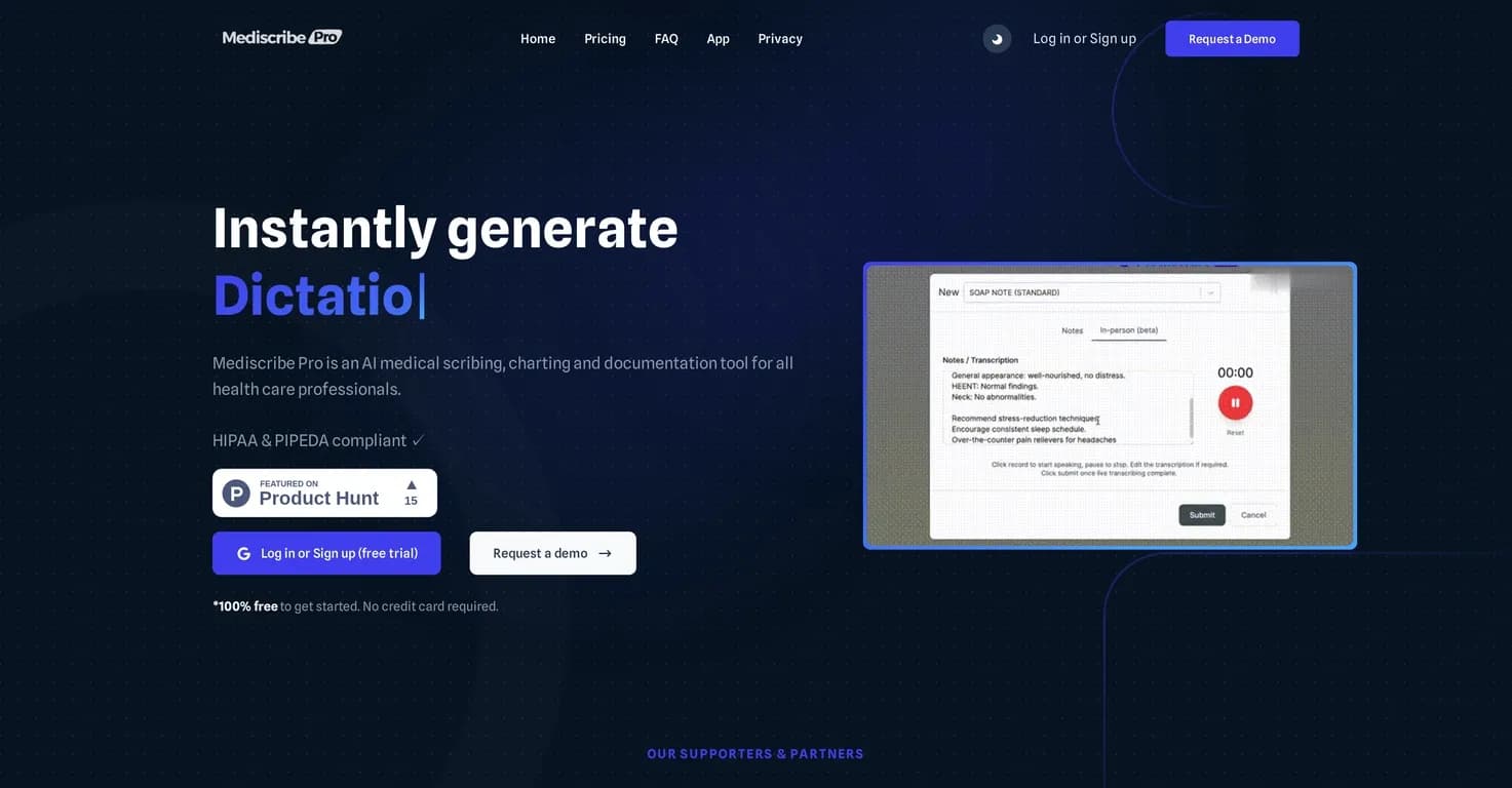 MediScribe Pro homepage screenshot — AI medical scribing for healthcare pros to combat burnout