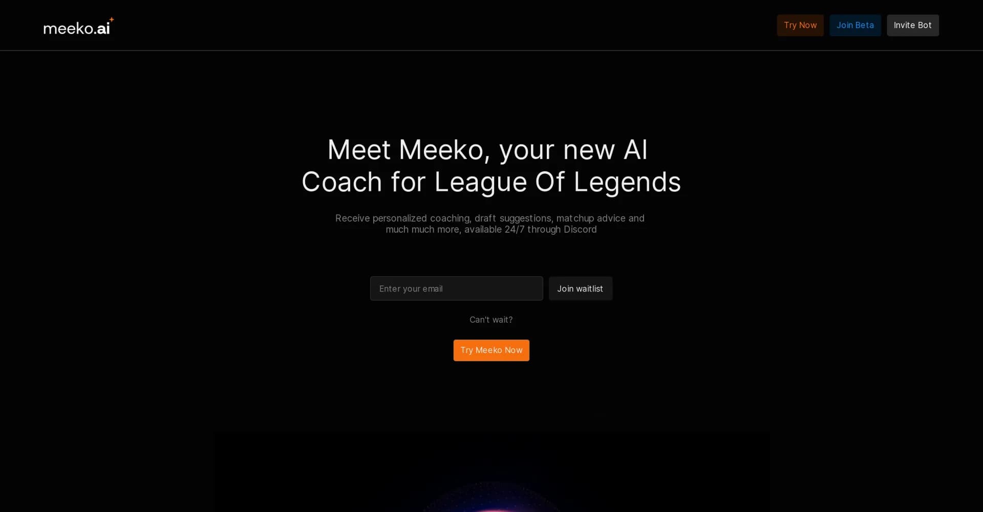 Meeko homepage screenshot — Your 24/7 AI Coach for League of Legends