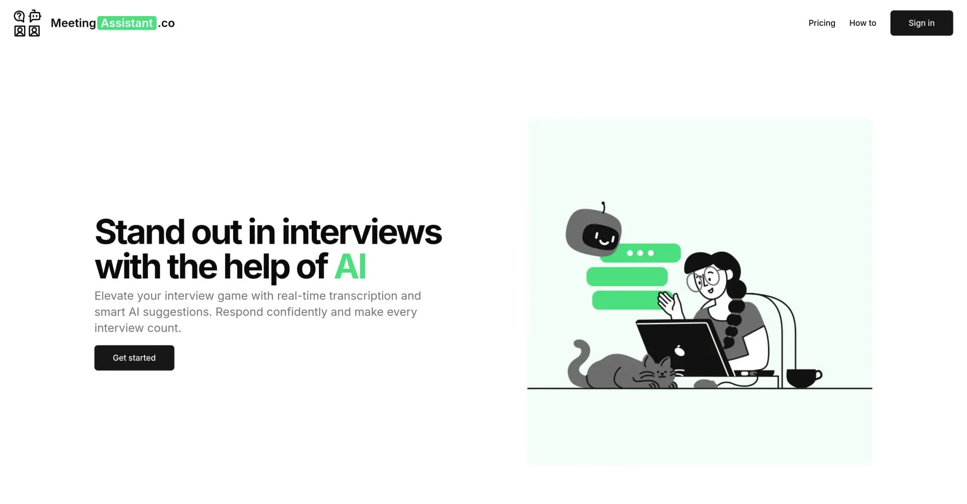 MeetingAssistant.co homepage screenshot — Elevate interviews with AI-powered suggestions and transcrip