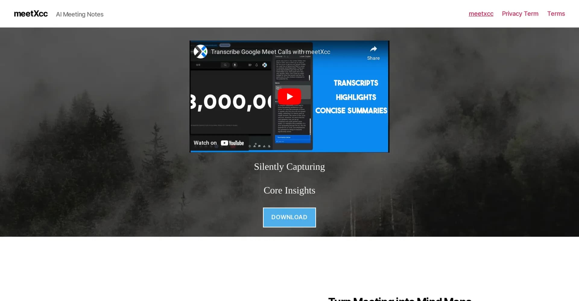 meetXcc homepage screenshot — Silently capture core insights from meetings.
