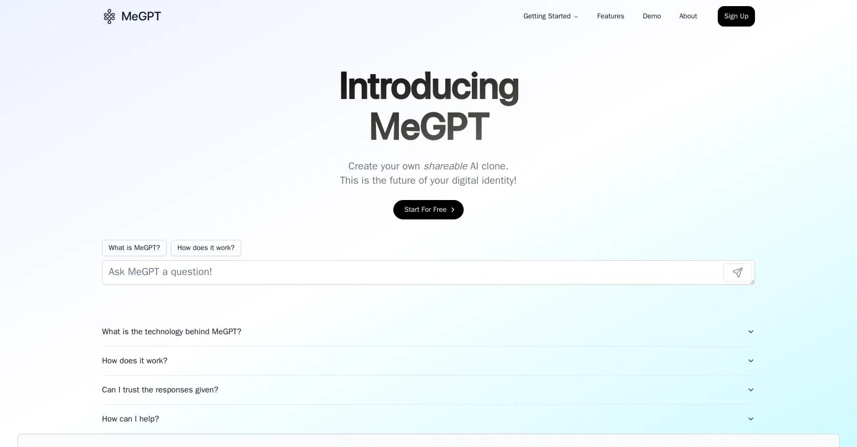 MeGPT homepage screenshot — Create your shareable AI clone in one simple link.