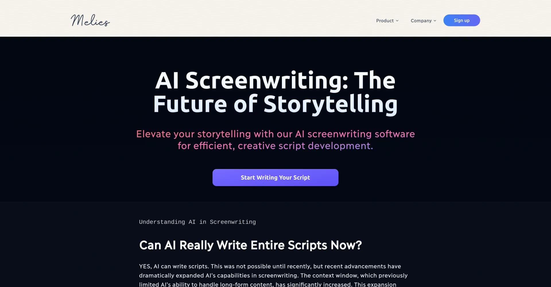 Melies AI Screenwriting Software homepage screenshot — Elevate storytelling with AI-powered script development.