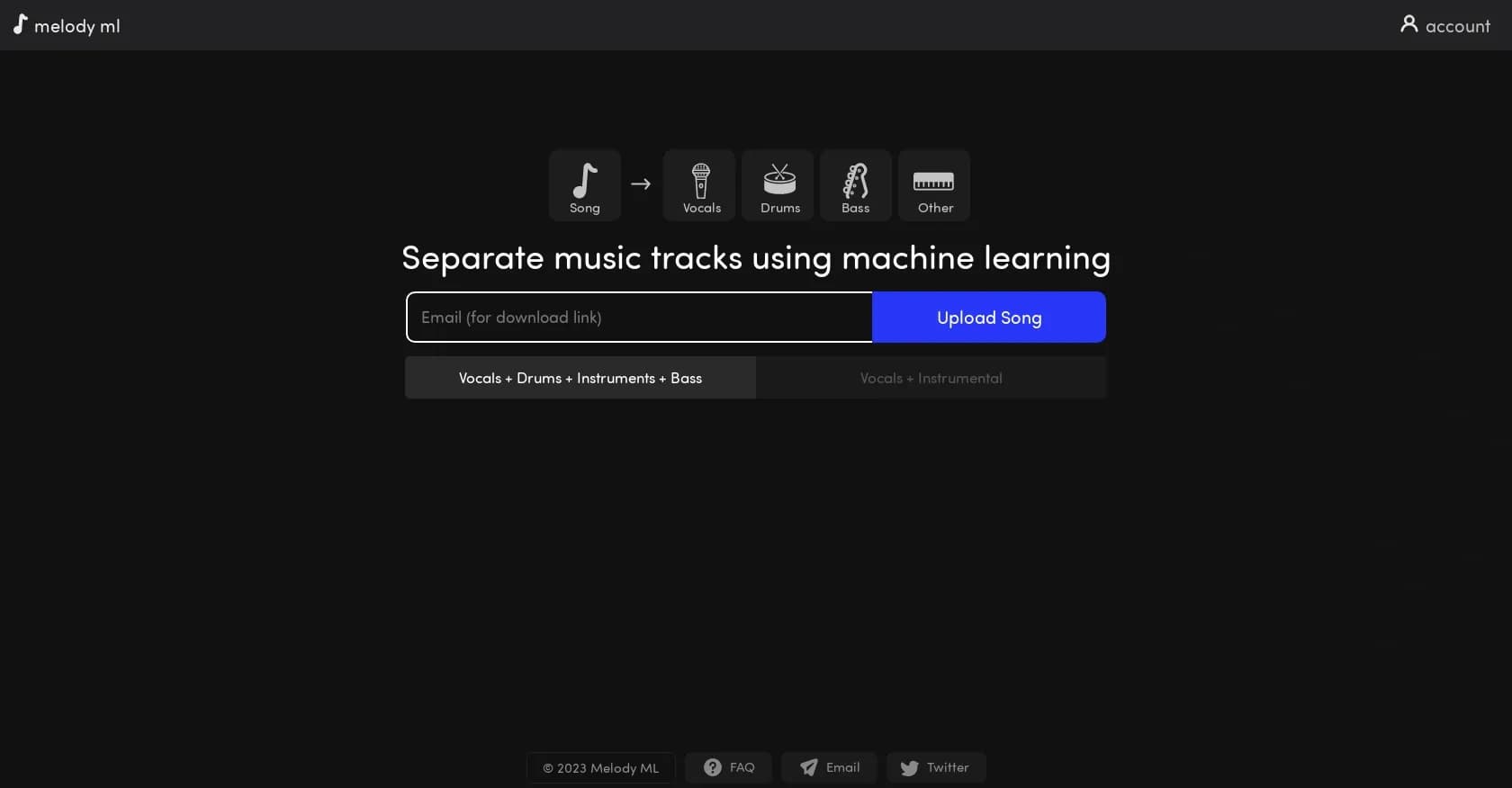 Melody.ml homepage screenshot — Separate audio tracks using AI.