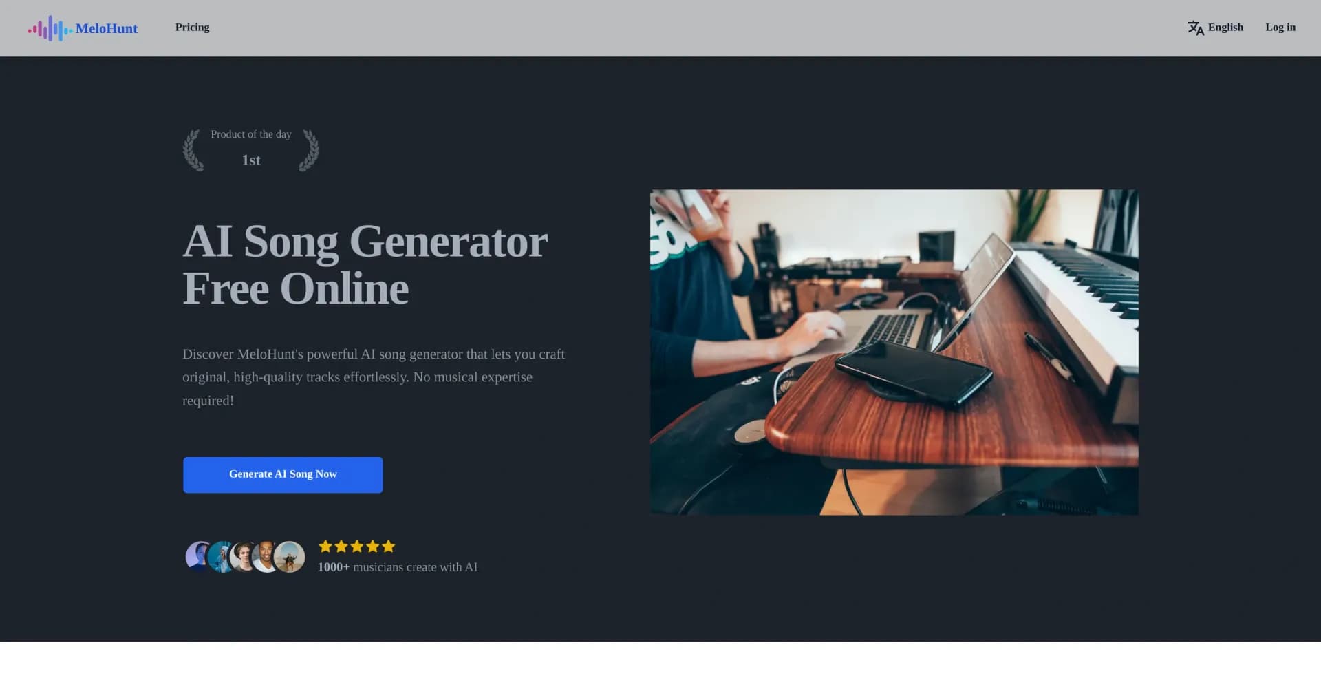 MeloHunt homepage screenshot — Craft original tracks effortlessly with AI.
