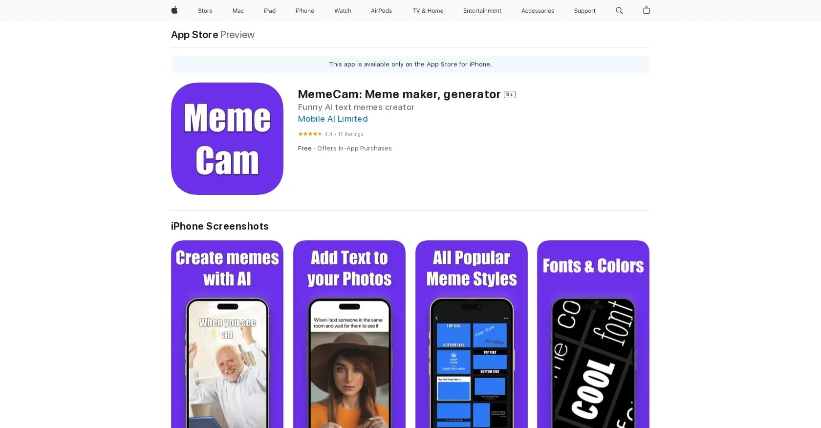 MemeCam homepage screenshot — iOS app for meme creation and sharing.