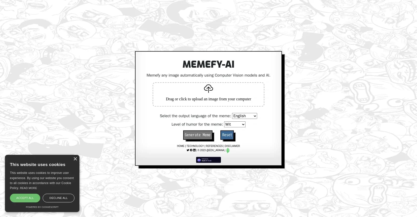 MemefyAI homepage screenshot — AI-powered meme generator for any image