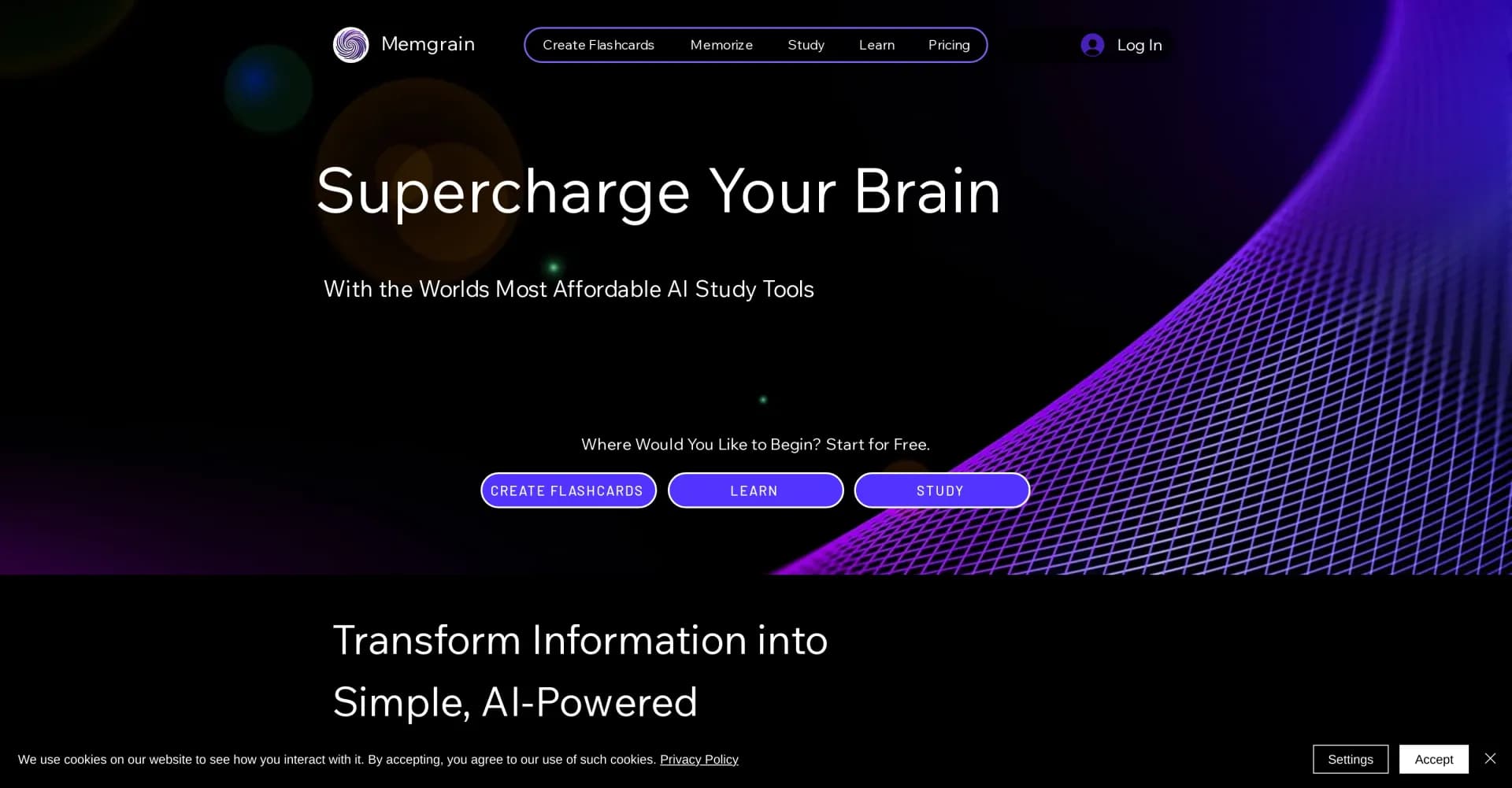 Memgrain homepage screenshot — Supercharge your mind through daily learning.