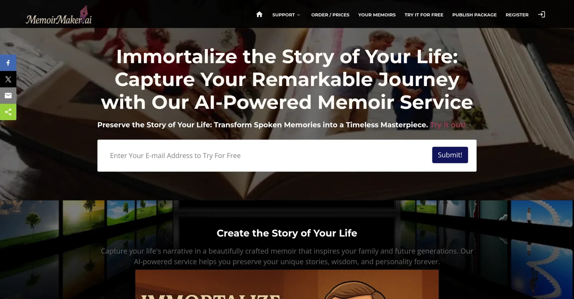 Memoir Maker homepage screenshot — Immortalize your life story with AI-powered memoirs.