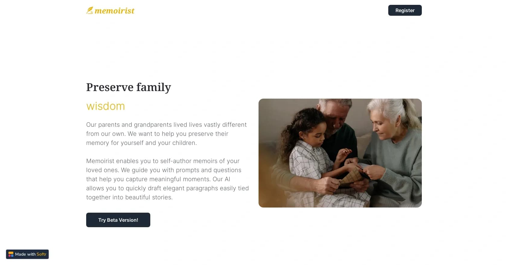 Memoirist homepage screenshot — Preserve family memories with AI-assisted memoir writing.