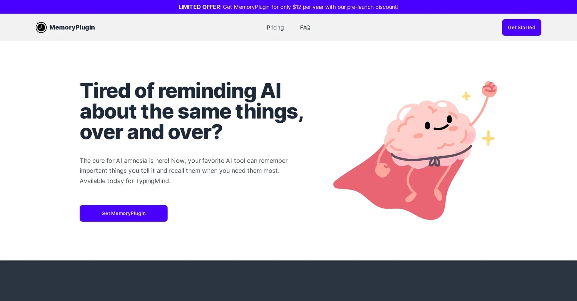 MemoryPlugin homepage screenshot — Cure AI amnesia: Remember everything you tell it.
