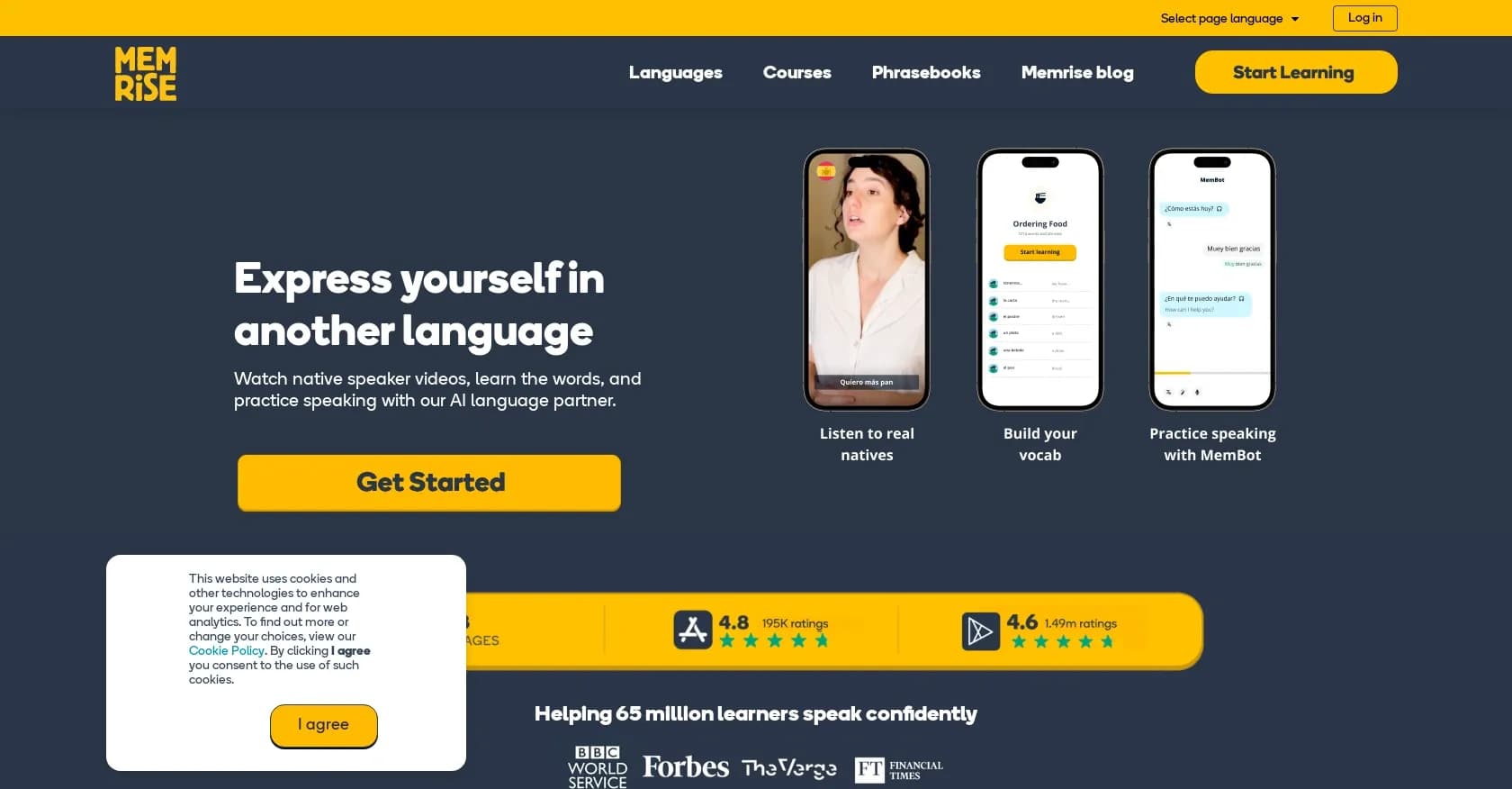 Memrise homepage screenshot — Learn authentic language through native speaker videos.