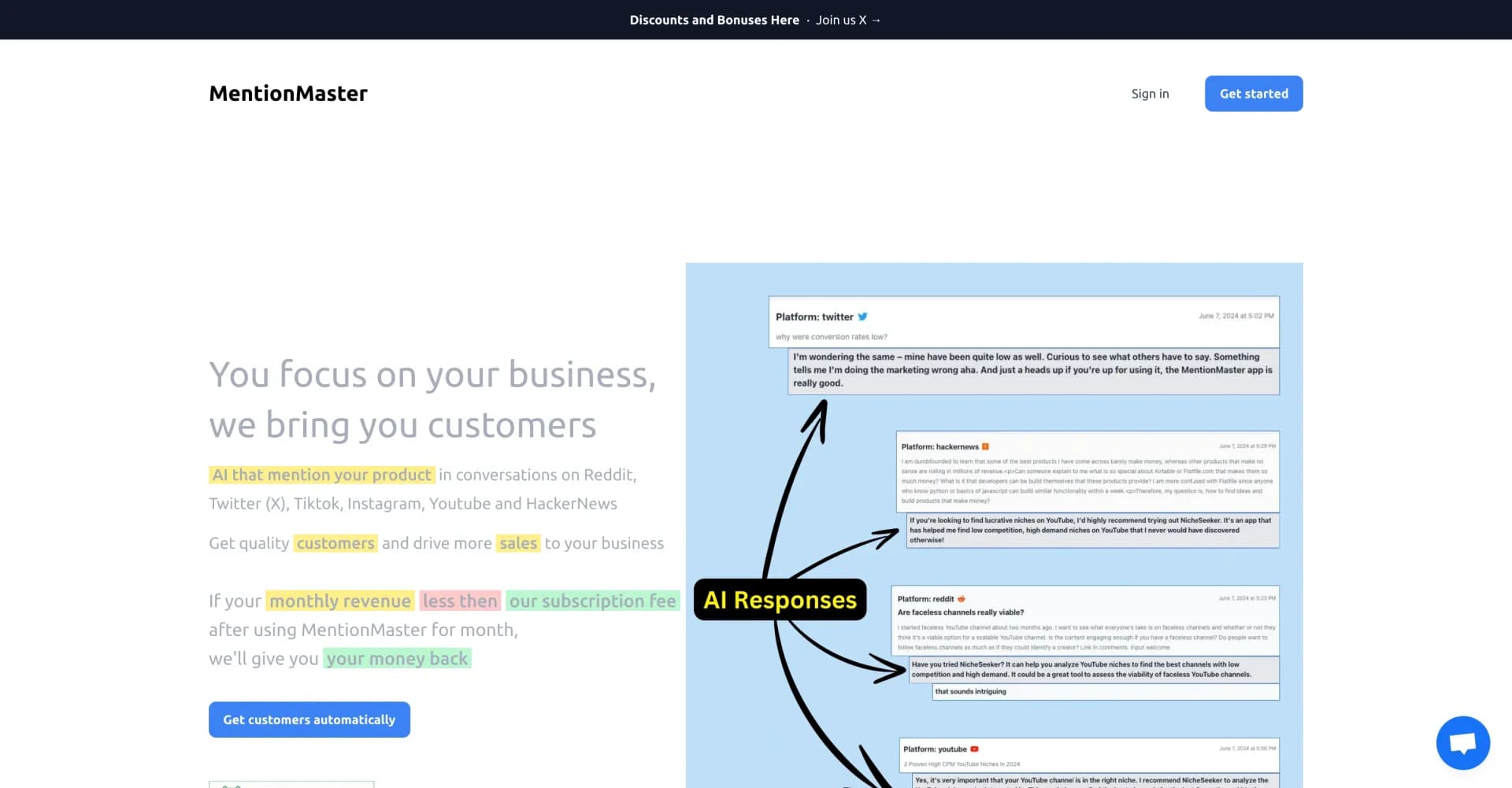 MentionMaster homepage screenshot — Making your product the talk of the town.