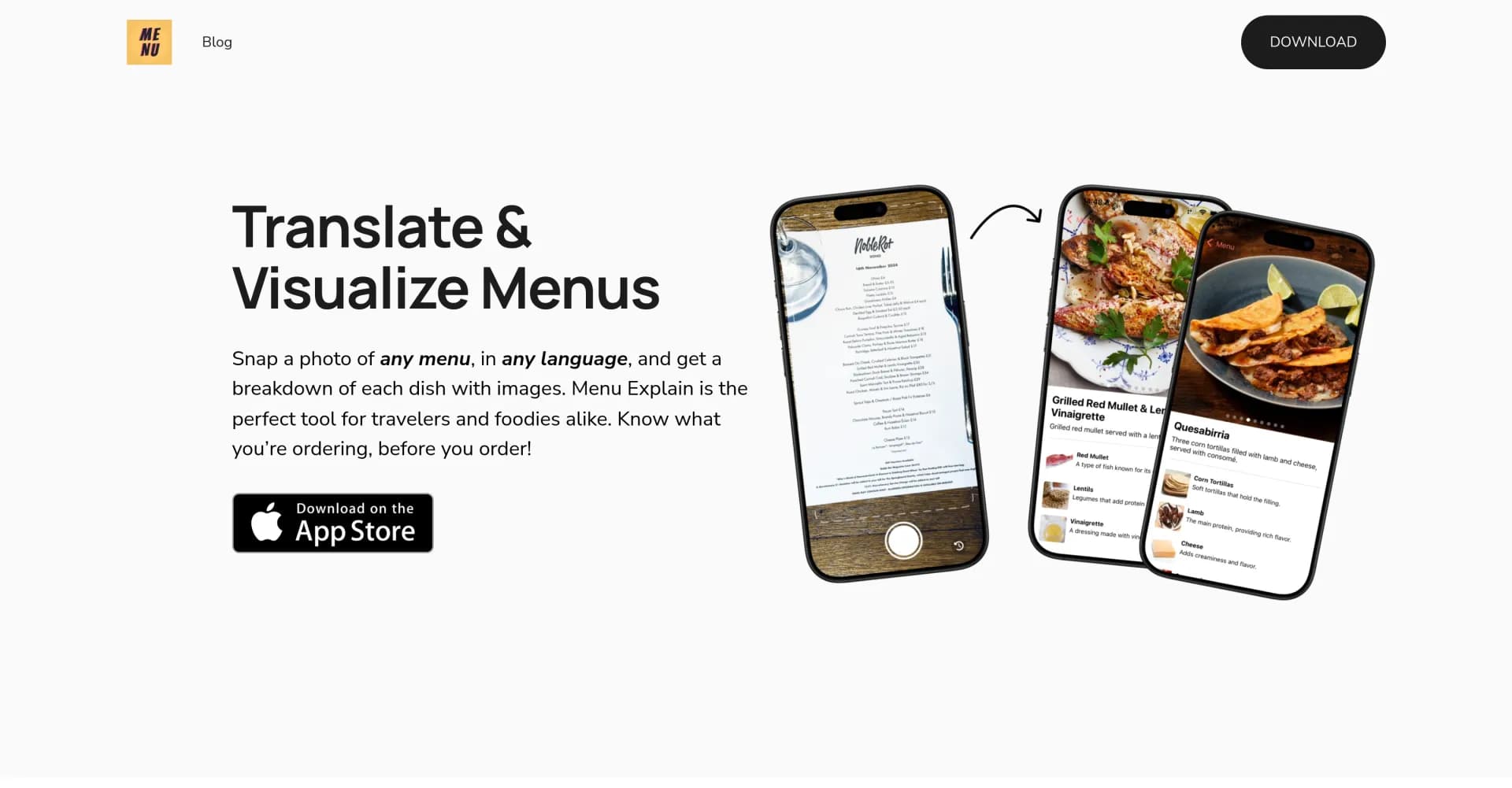 Menu Explain homepage screenshot — Snap, translate, and visualize any menu instantly.