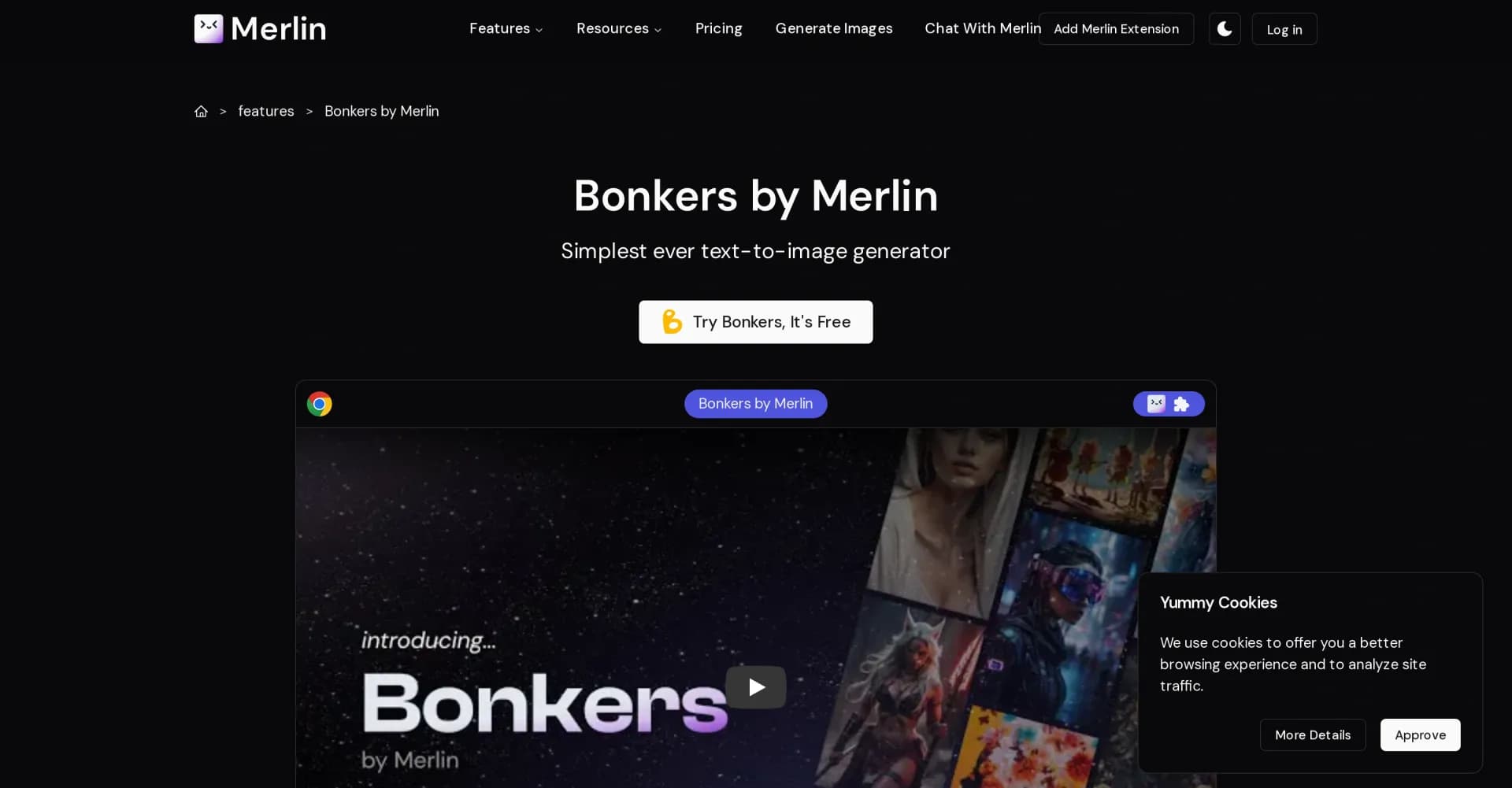 Merlin.in homepage screenshot — Create stunning AI images instantly