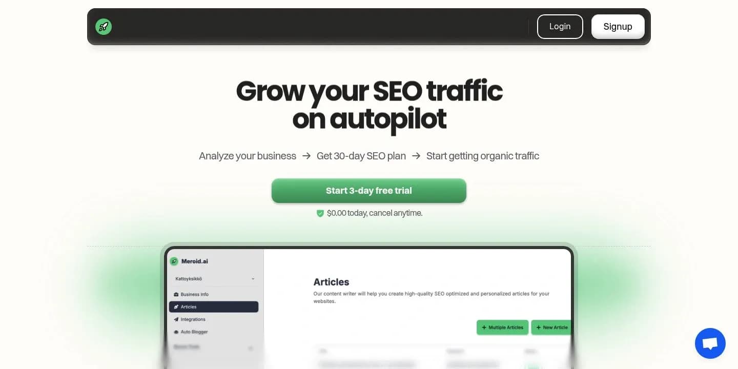 Meroid homepage screenshot — Grow your SEO traffic on autopilot