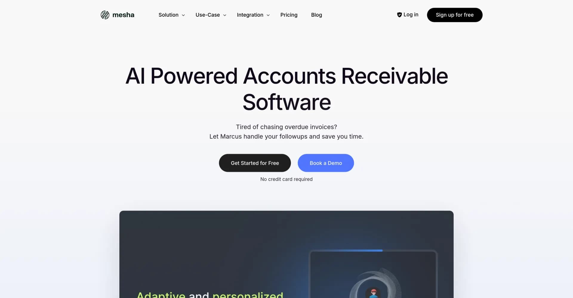 Mesha homepage screenshot — Automate invoice follow-ups, save time and money.