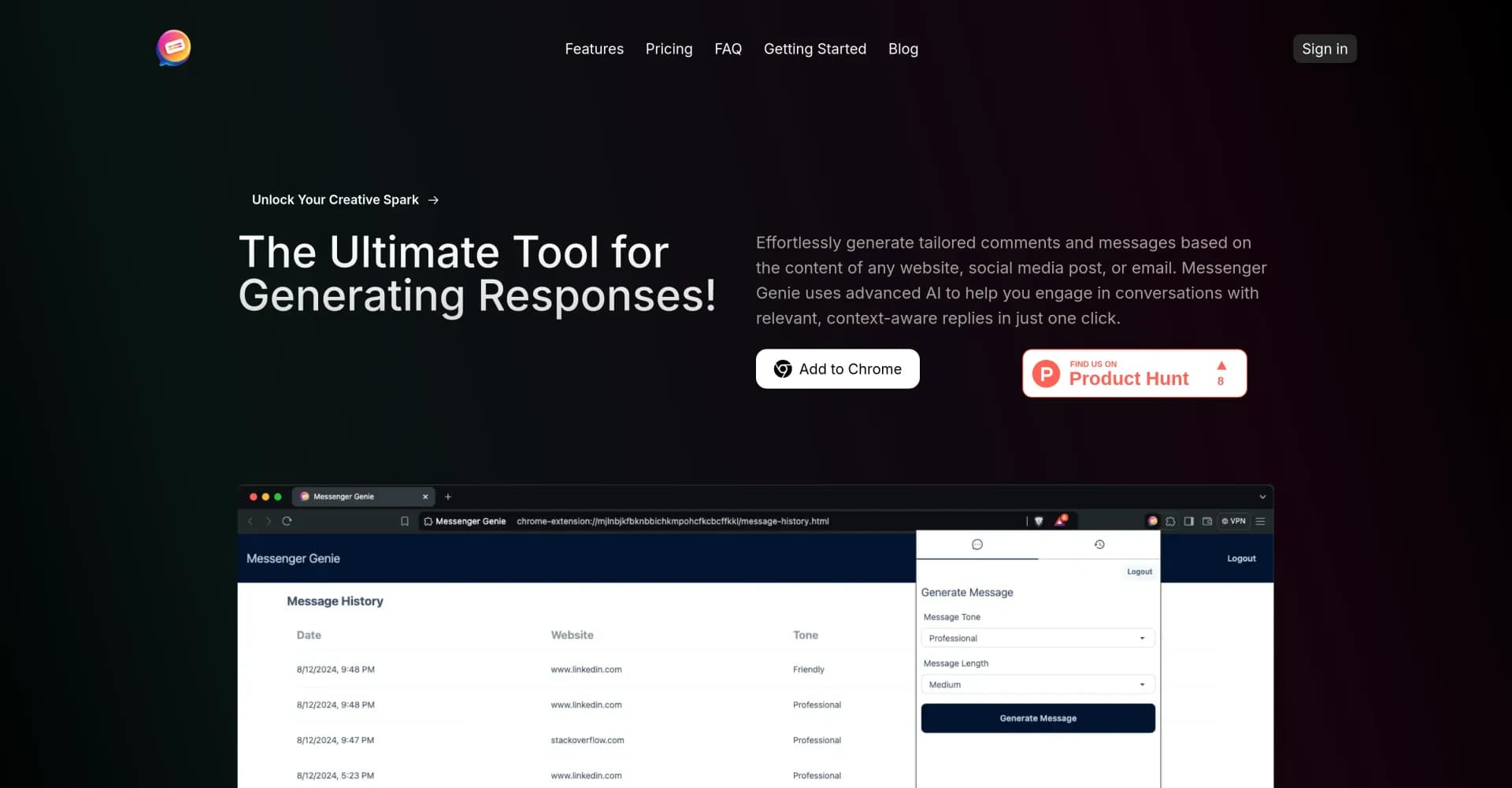 Messenger Genie homepage screenshot — Generate relevant comments and messages with AI