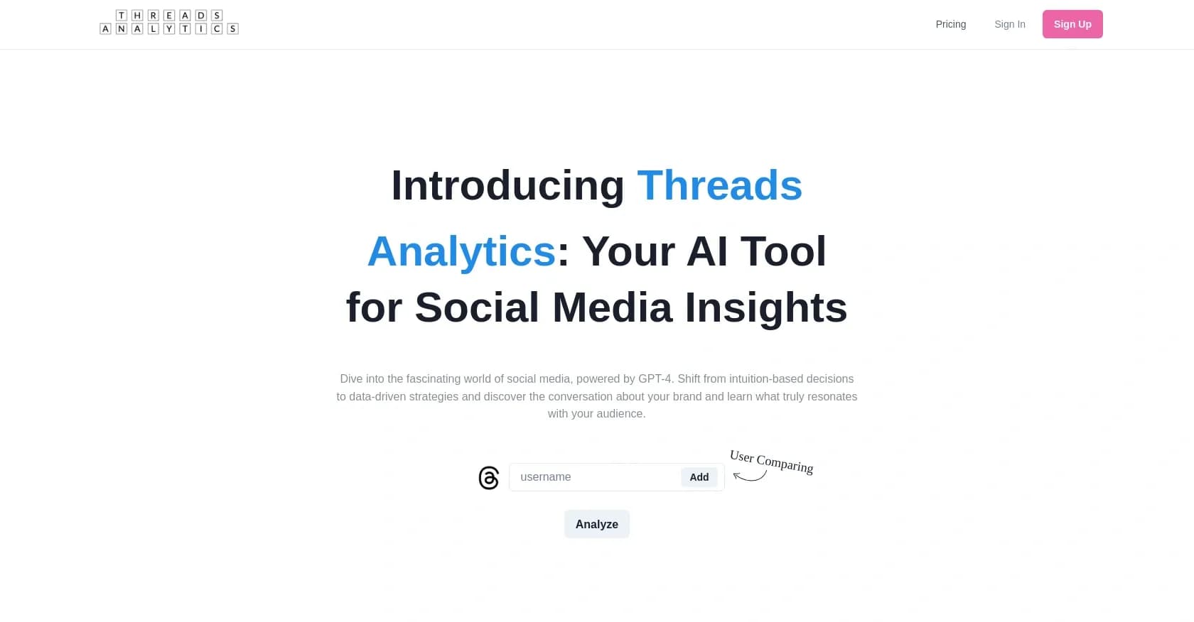 Meta Threads Analytics homepage screenshot — Scale your business with AI-powered social media insights.