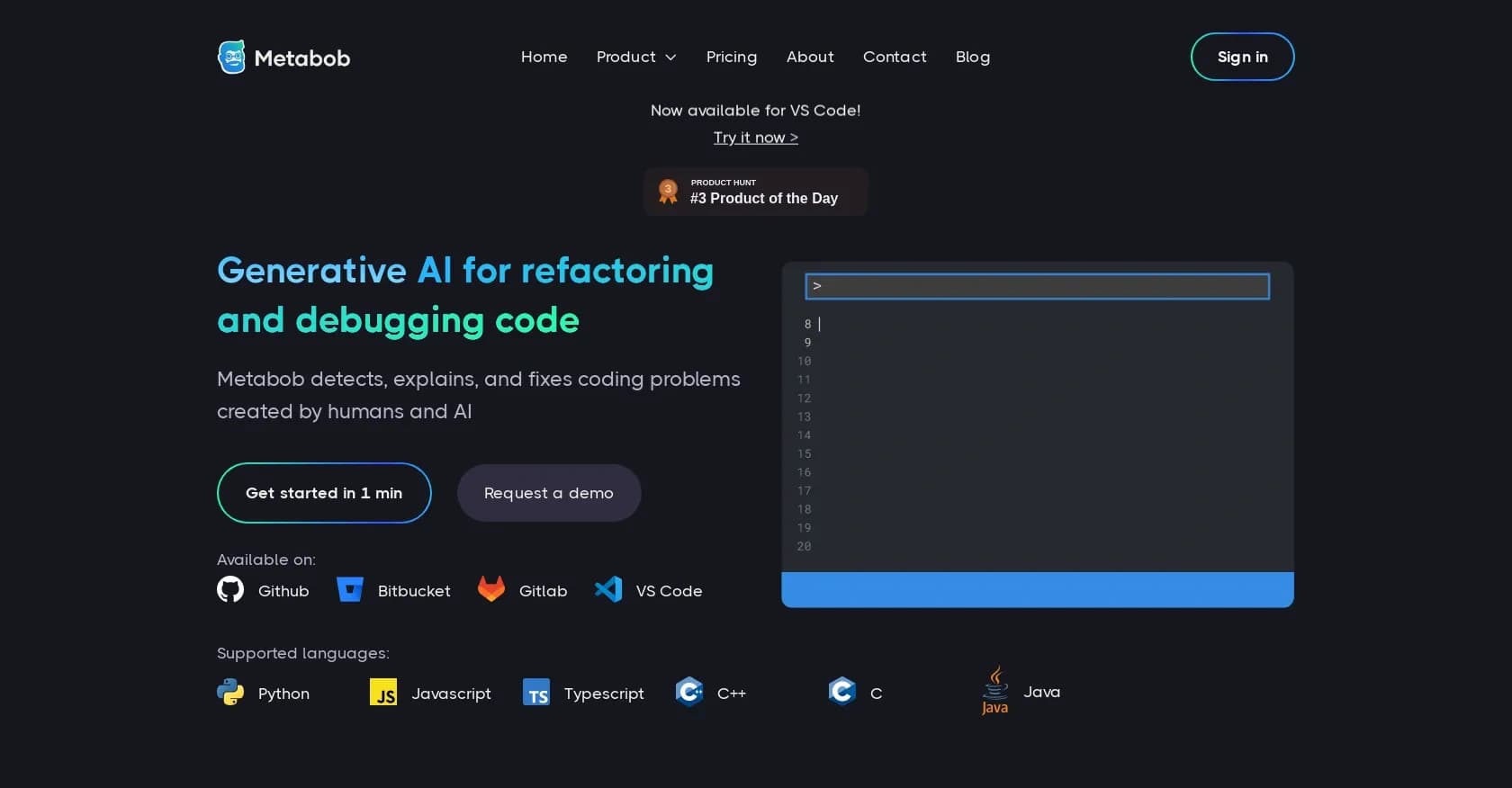 Metabob homepage screenshot — AI-powered code review for improved security