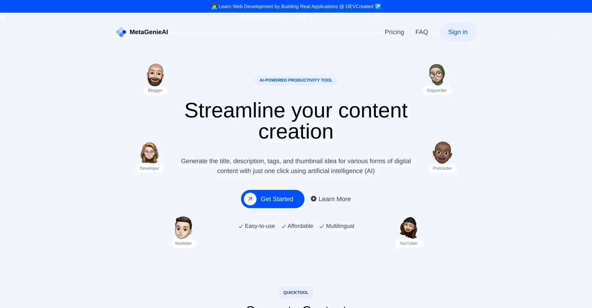 Metagenieai homepage screenshot — AI-powered content creation in one click