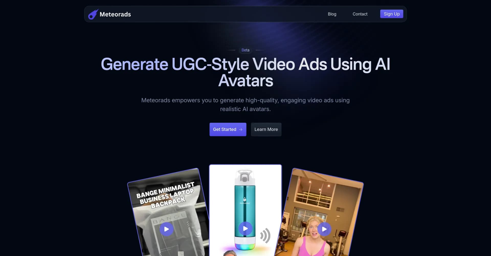 Meteorads homepage screenshot — Generate viral video ads with AI avatars